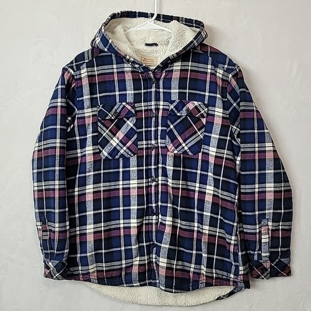 Boston Traders Women's Blue Plaid Flannel Hooded Jacket Sherpa Lined Size Large